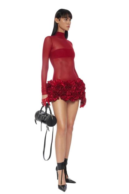 Mesh 3D Flower See-Through Mini Dress