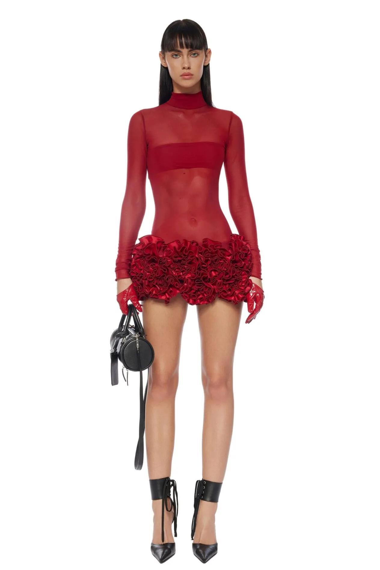 Mesh 3D Flower See-Through Mini Dress