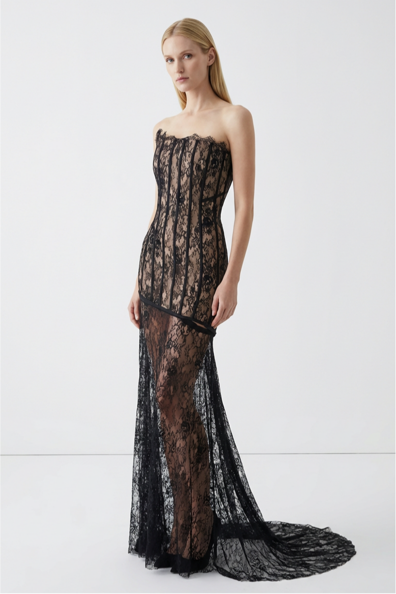 Lace Off-Shoulder See-Through Maxi Dress