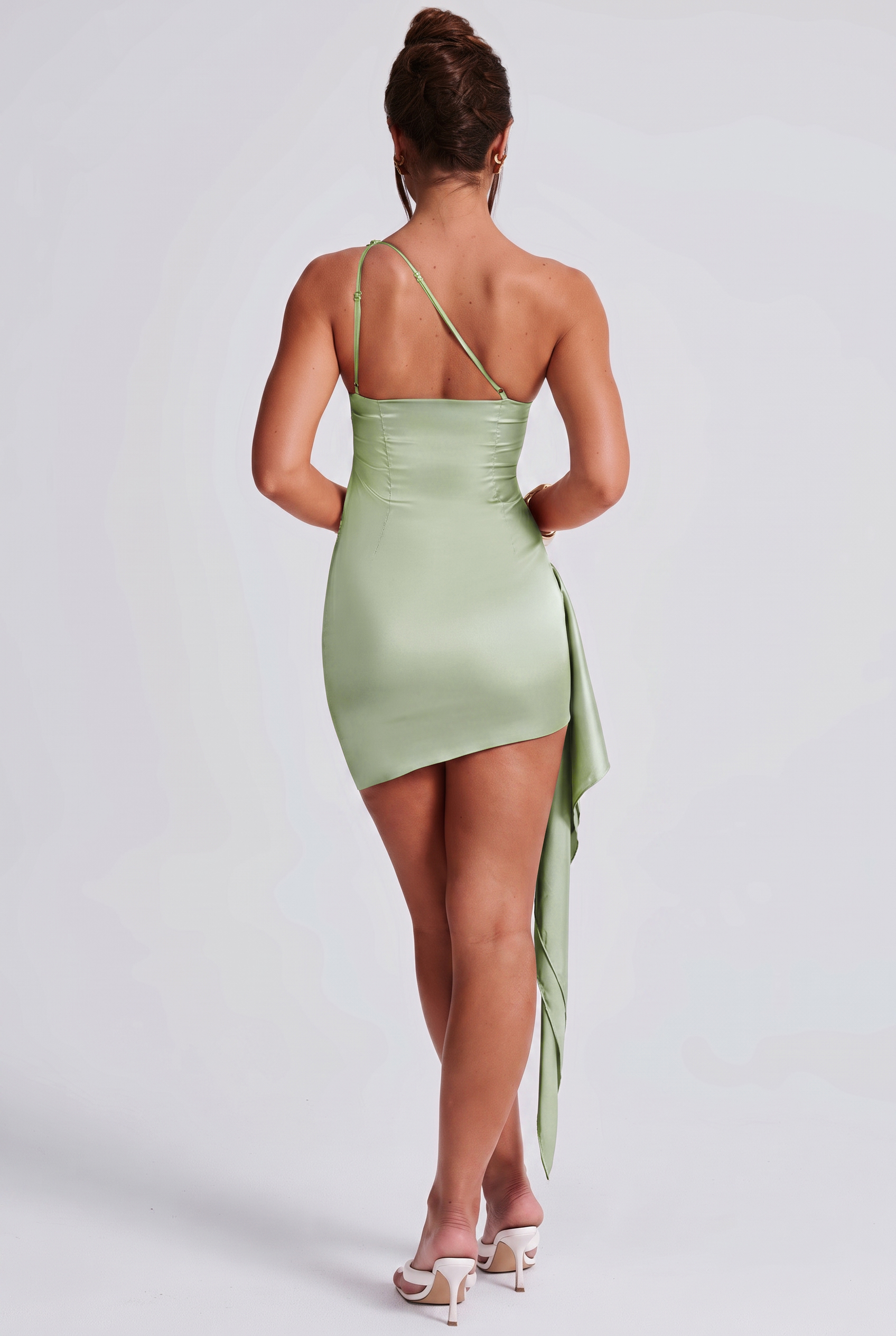 Satin One Shoulder Ruched Sash Mini Dress