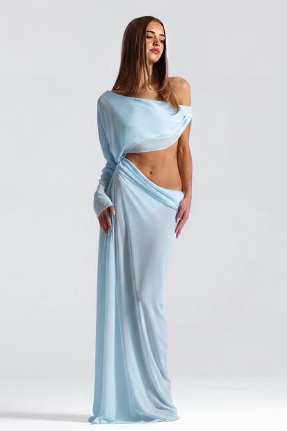 Chiffon See-Through Asymmetrical Sleeve Maxi Dress