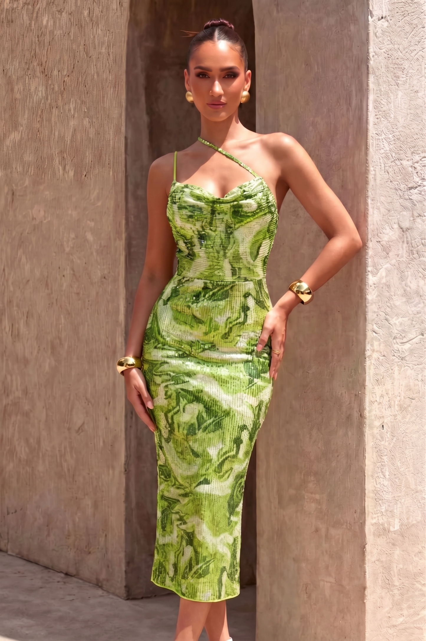 Sequin Abstract Print Slit Midi Dress