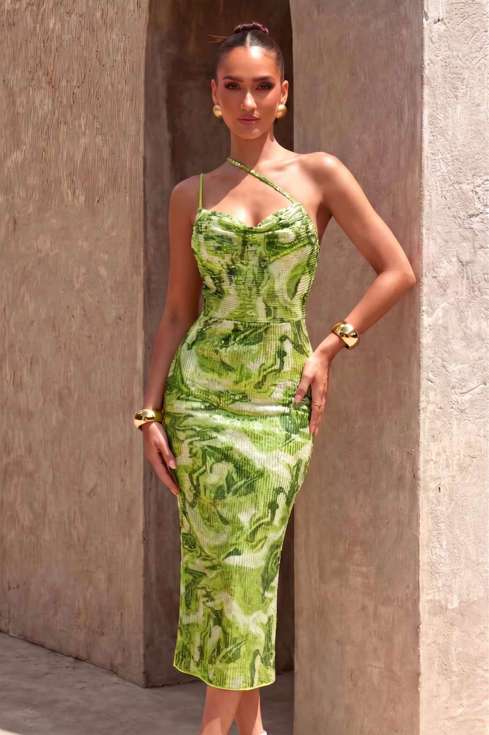 Sequin Abstract Print Slit Midi Dress