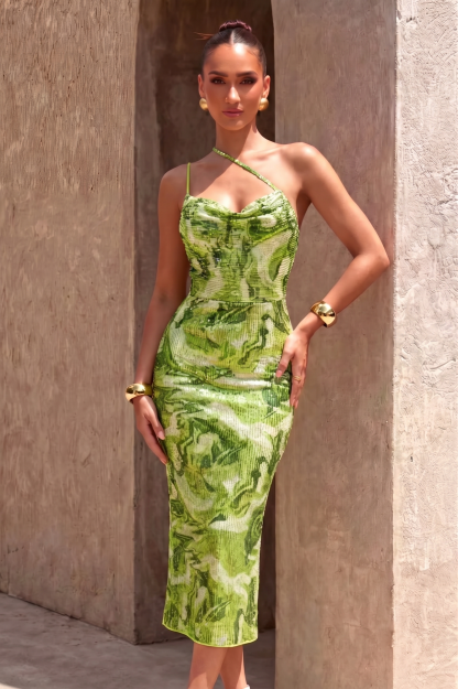 Sequin Abstract Print Slit Midi Dress
