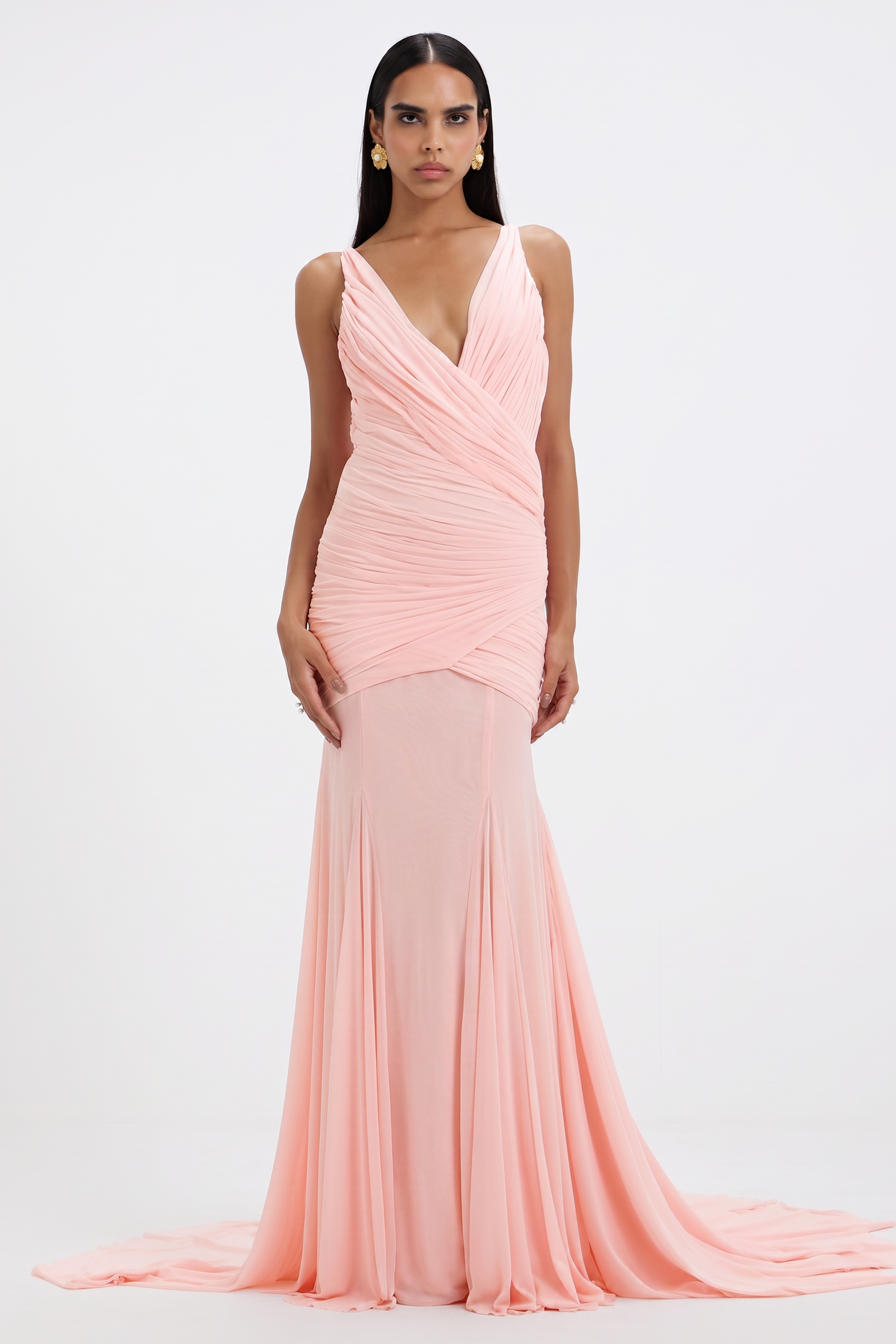 Mesh V-Neck Gathering Maxi Dress