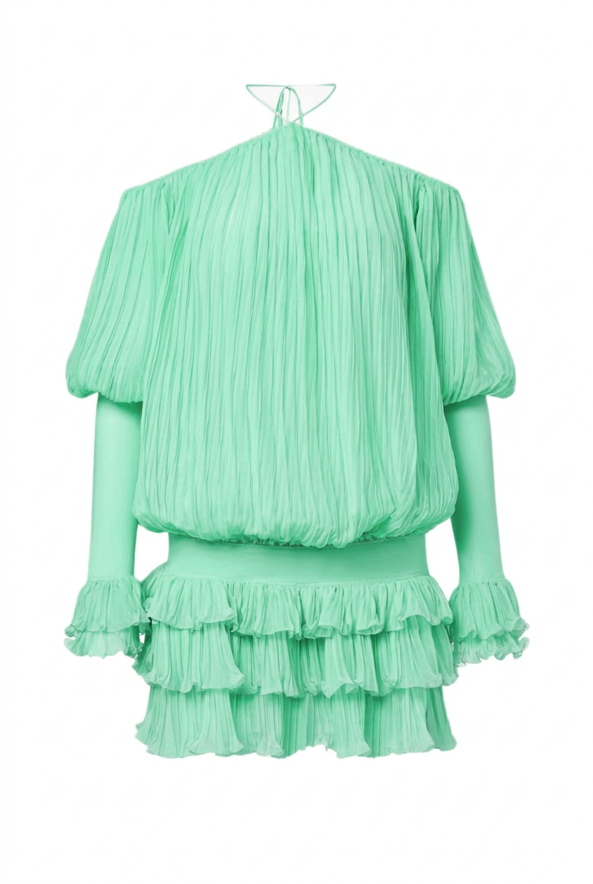 Chiffon Pleated Ruffle Mini Dress