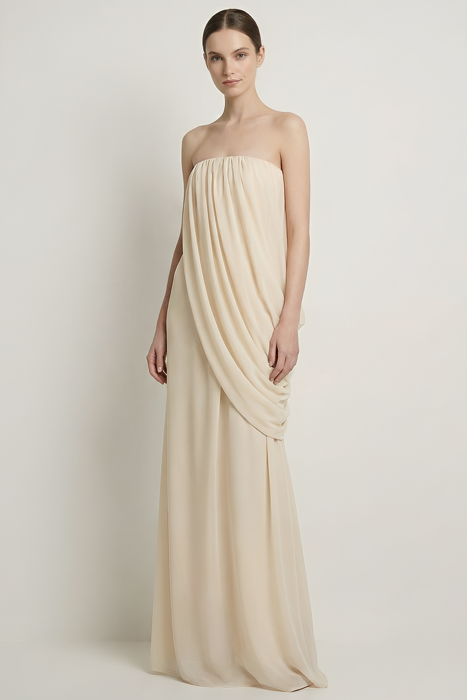 Solid Chiffon Gathering Off Shoulder Maxi Dress