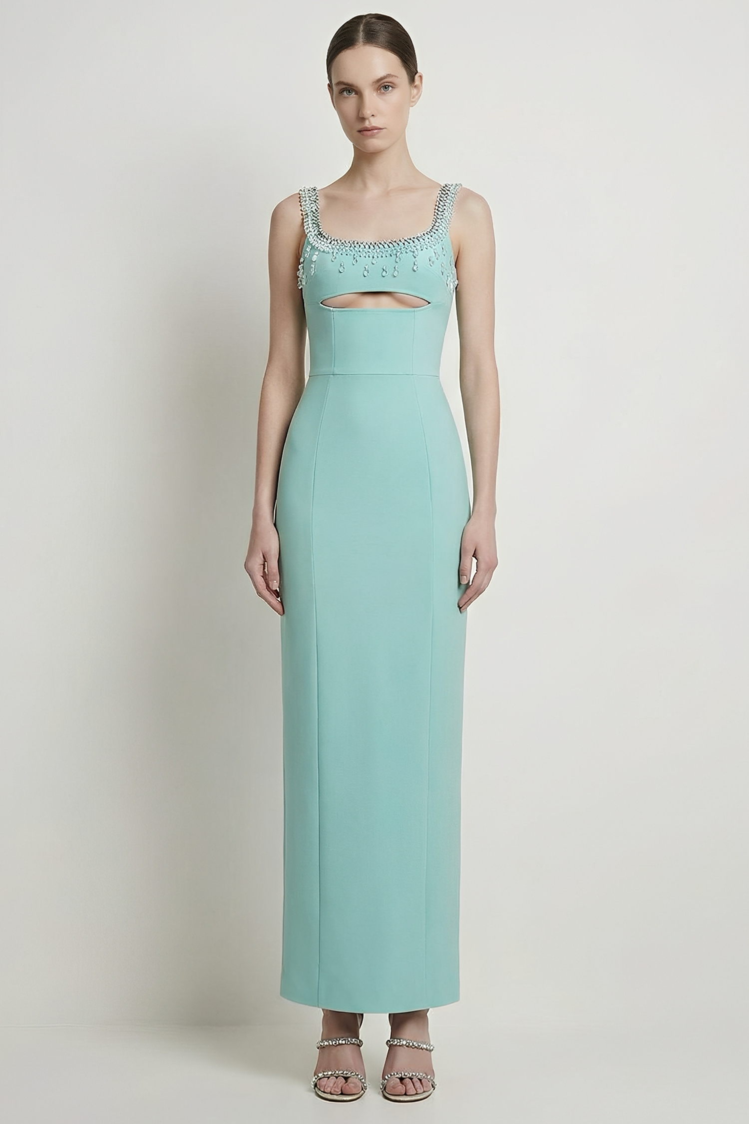 Bandage Cut-Out Beaded Rhinestone Rivets Maxi Dress