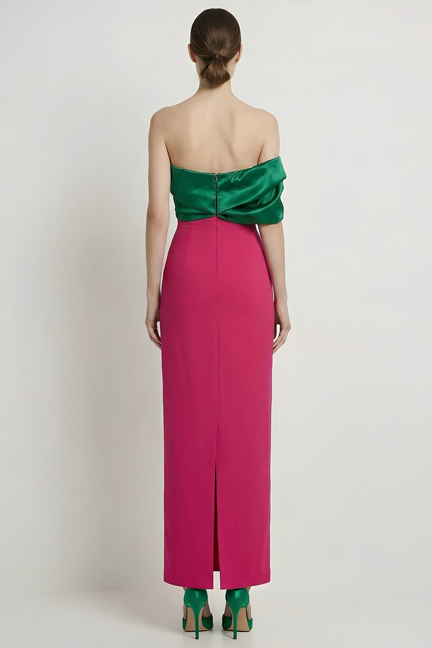 Satin Contrast Color Off Shoulder Maxi Dress