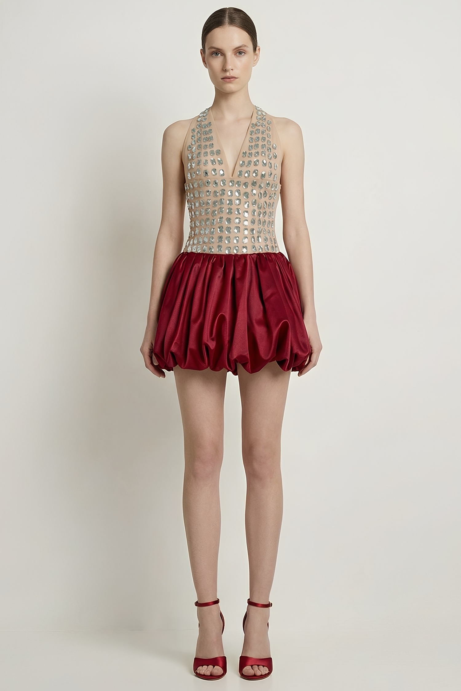 Satin Rhinestone Rivets Halter Neck Mini Dress