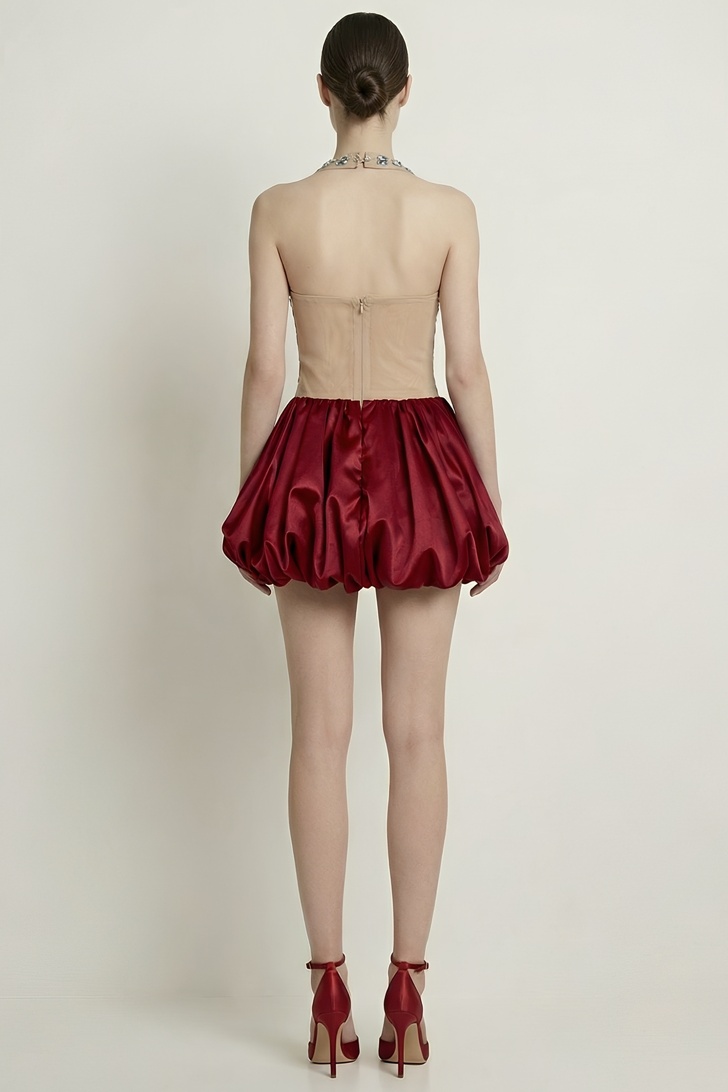 Satin Rhinestone Rivets Halter Neck Mini Dress