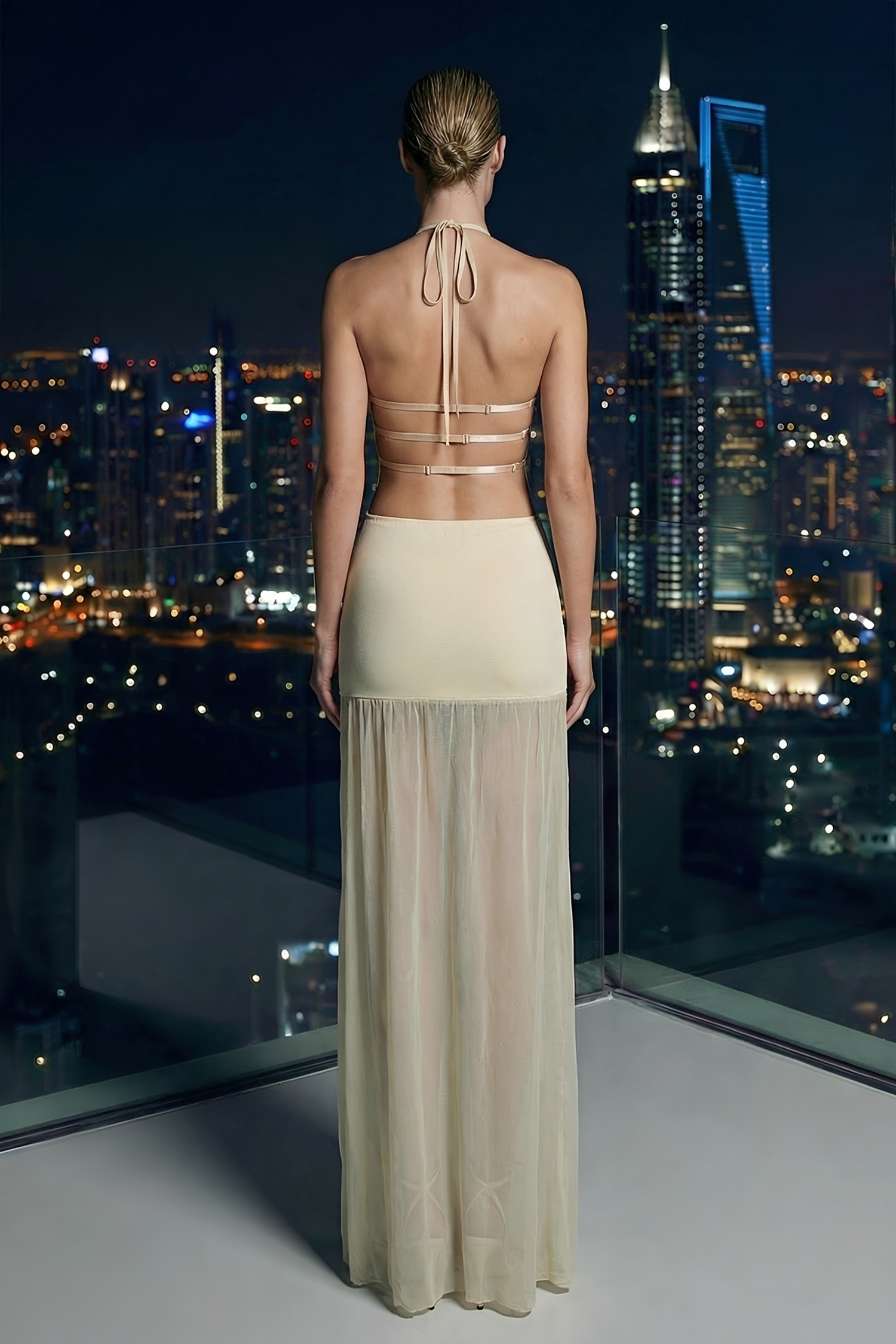 Lace Splicing Mesh Halter Neck Maxi Dress