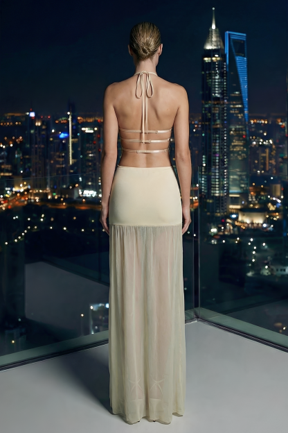 Lace Splicing Mesh Halter Neck Maxi Dress