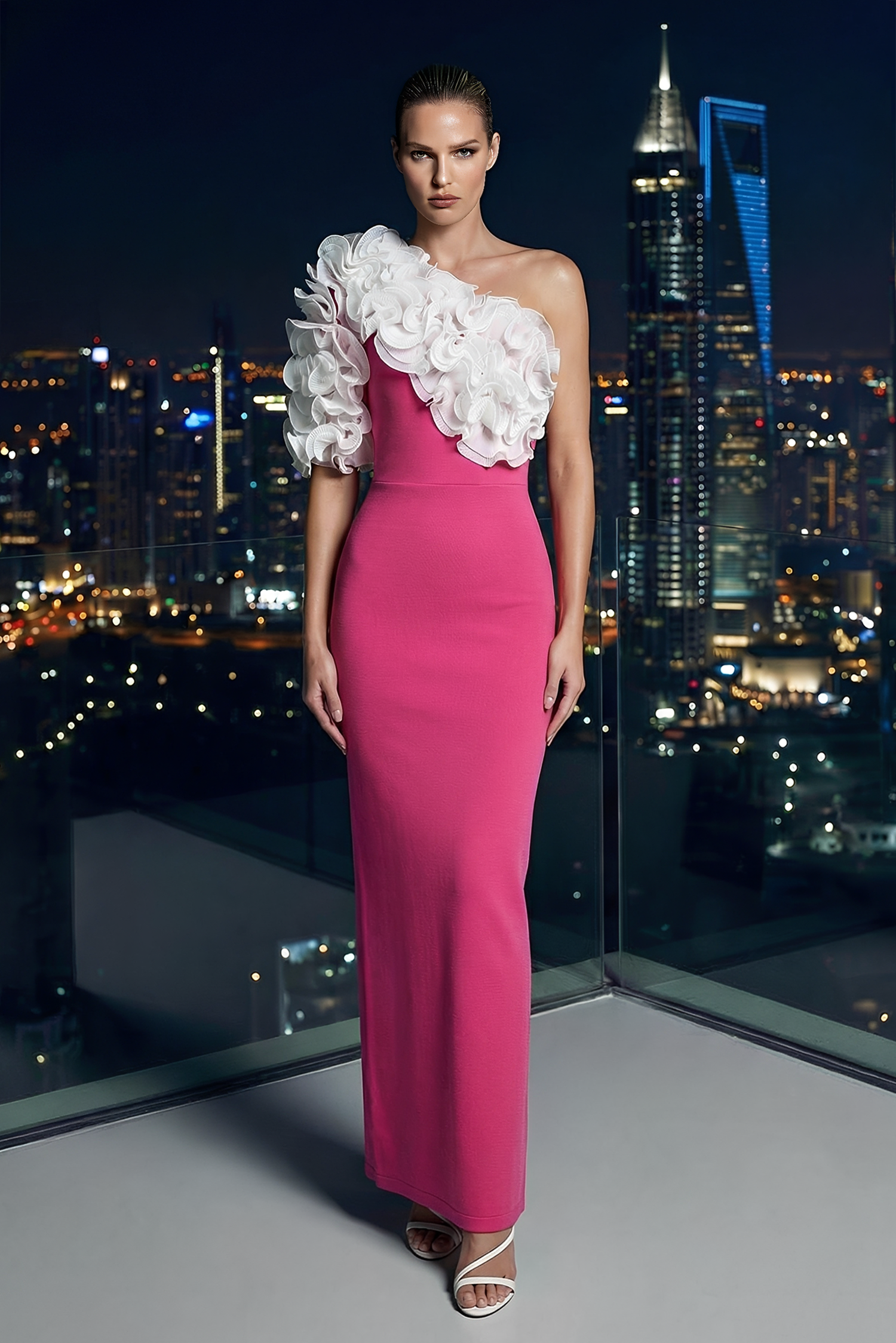 Jersey Contrast Color One Shoulder Midi Dress