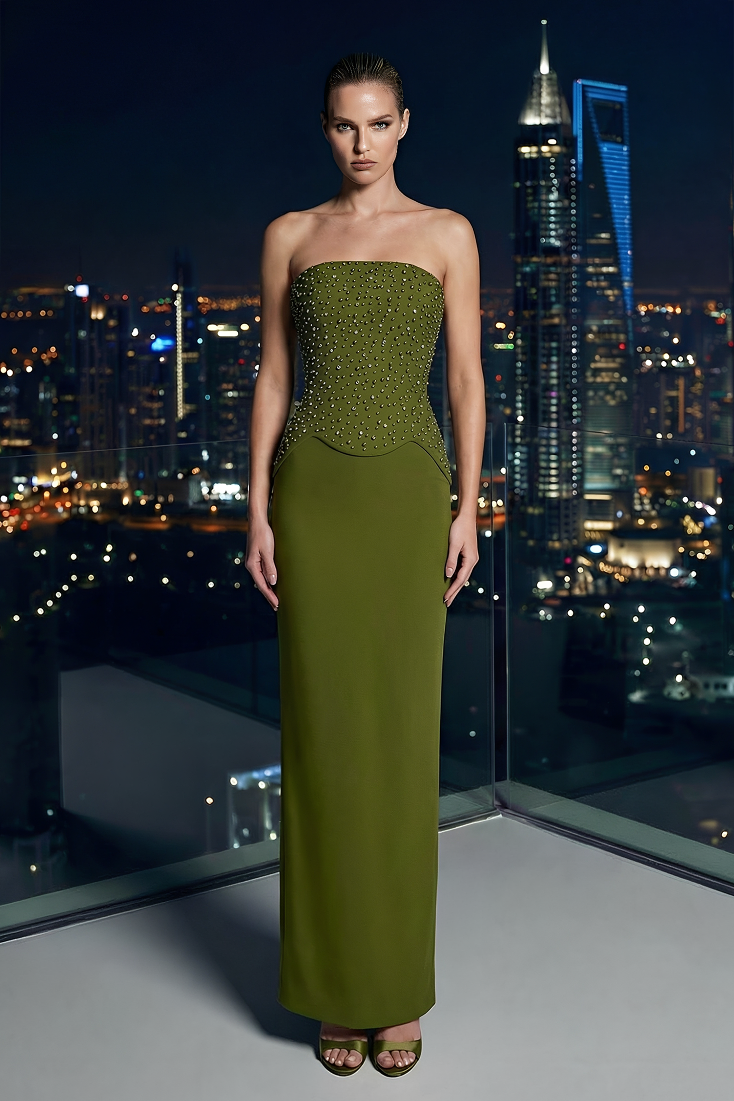 Bandage Rivet Off Shoulder Top & Hight Waist  Maxi Skirt Set