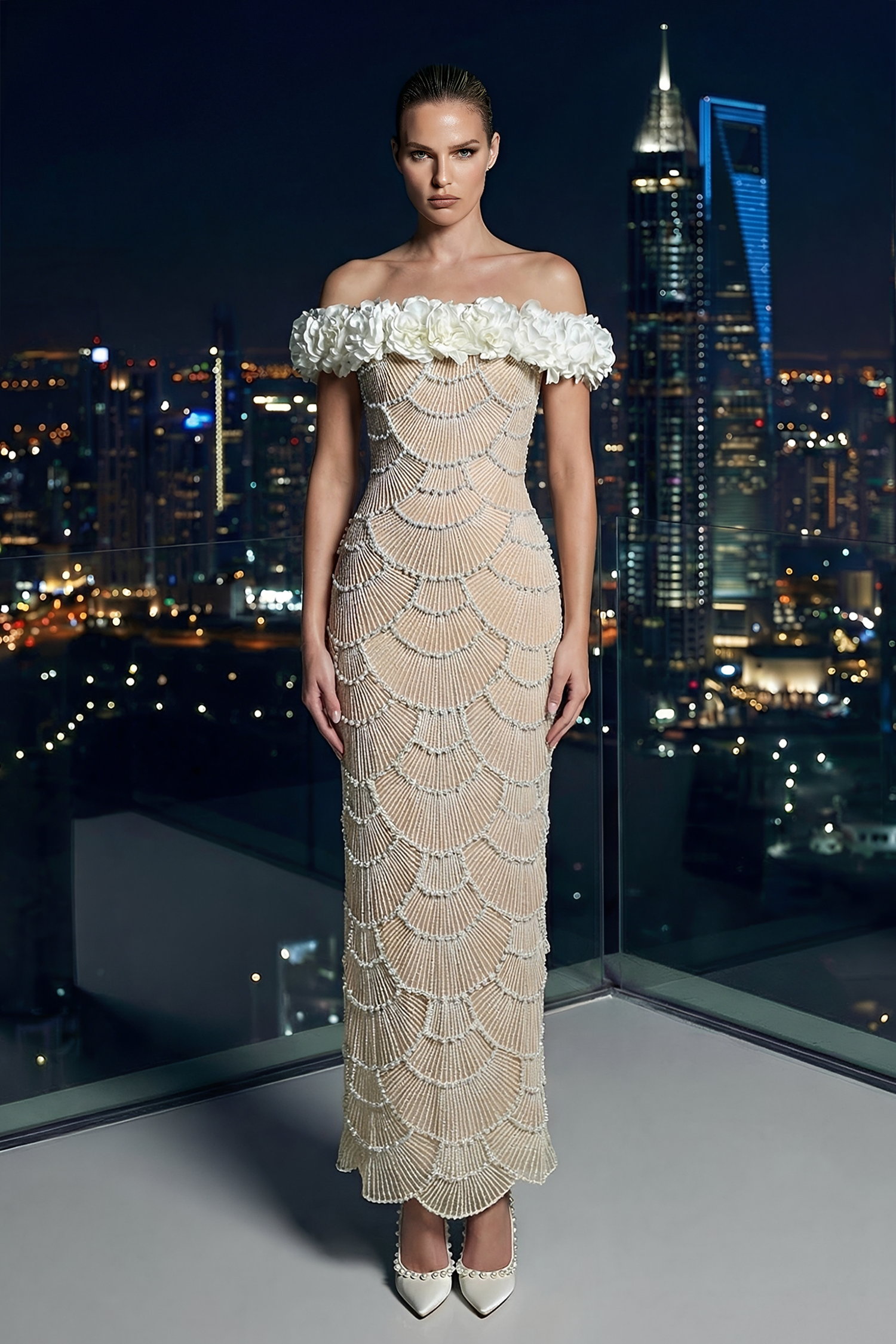 Sequin Faux Pearl 3D Flower Maxi Dress