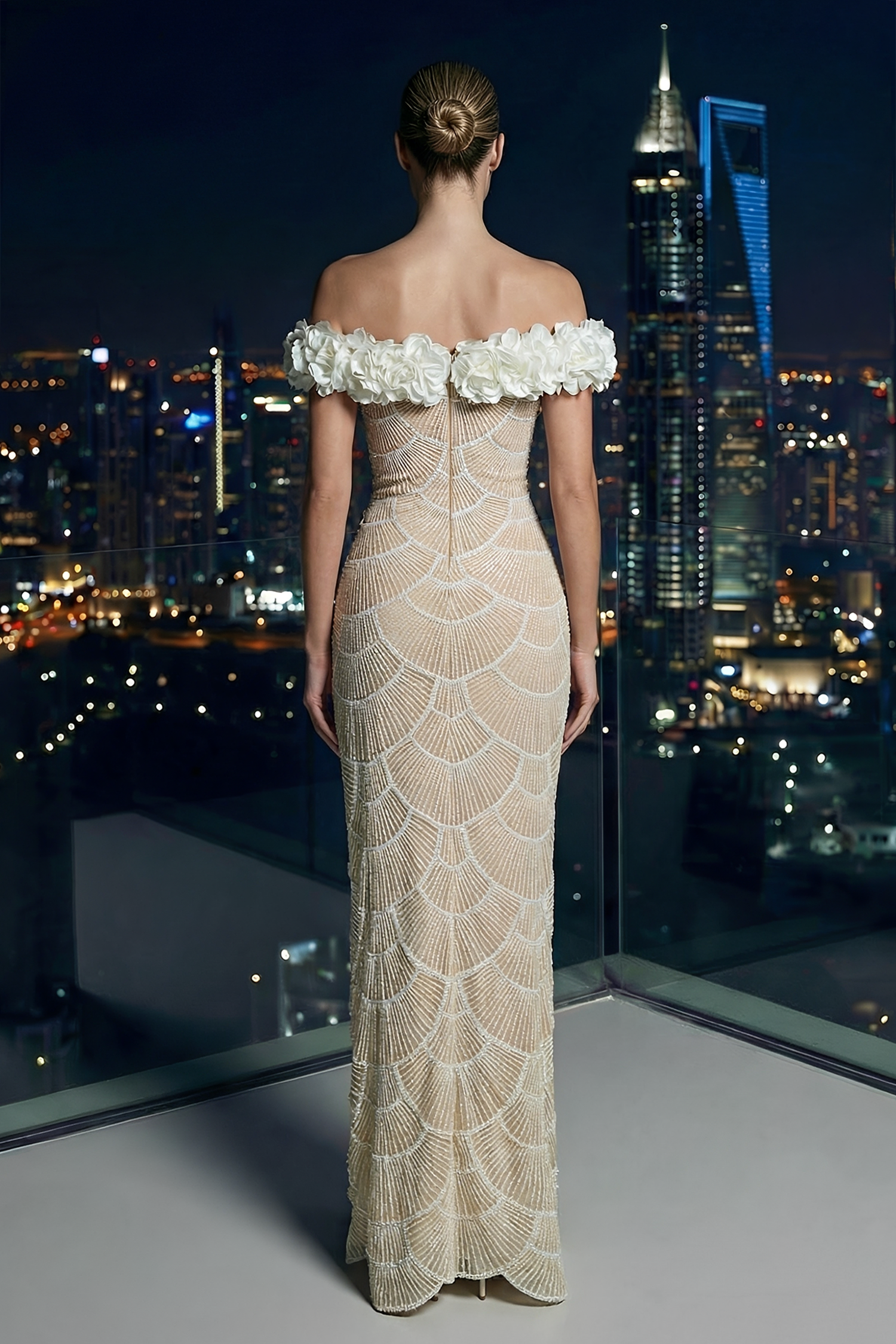 Sequin Faux Pearl 3D Flower Maxi Dress