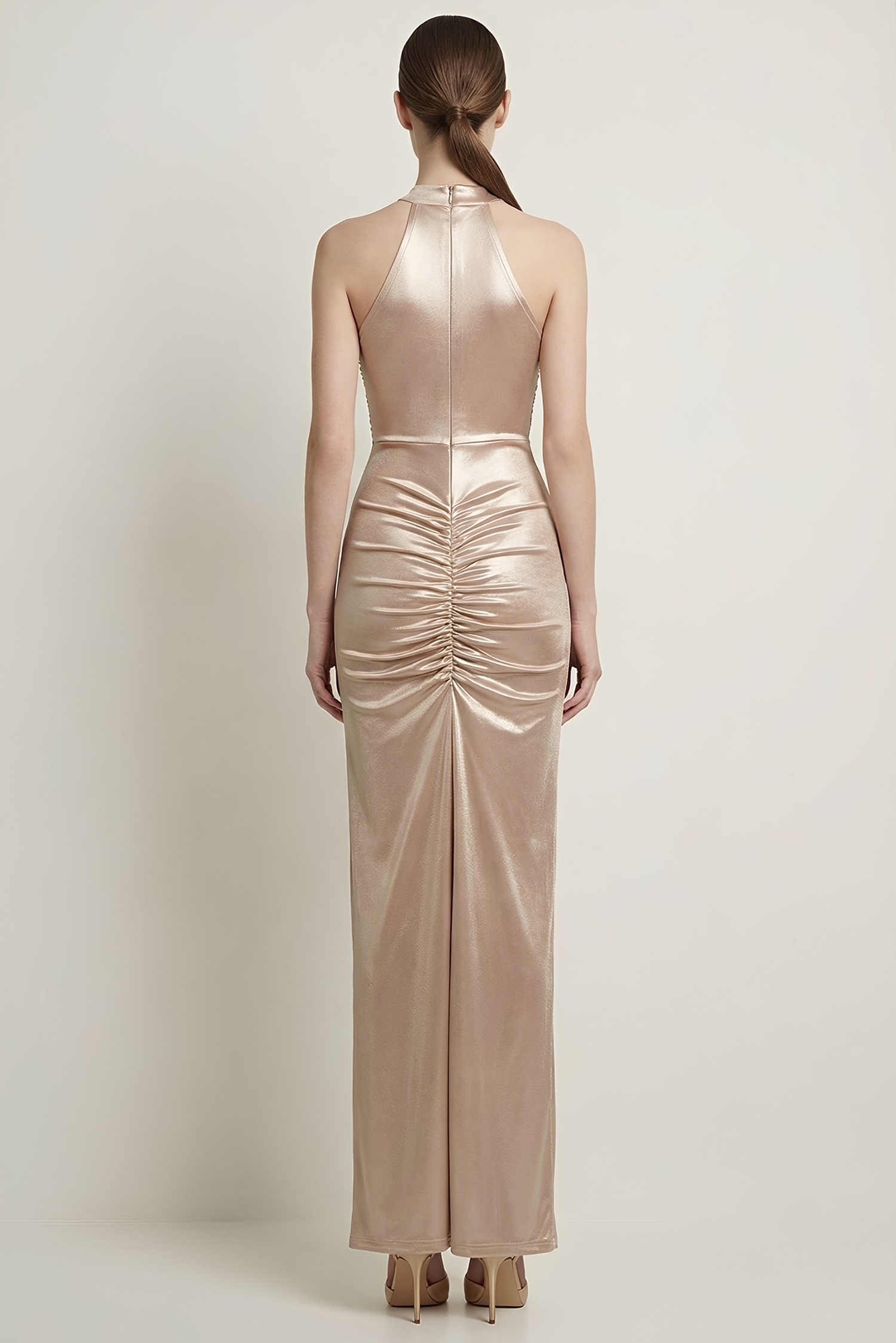 Sequin Splicing Satin Gathering Sleeveless Maxi Dress