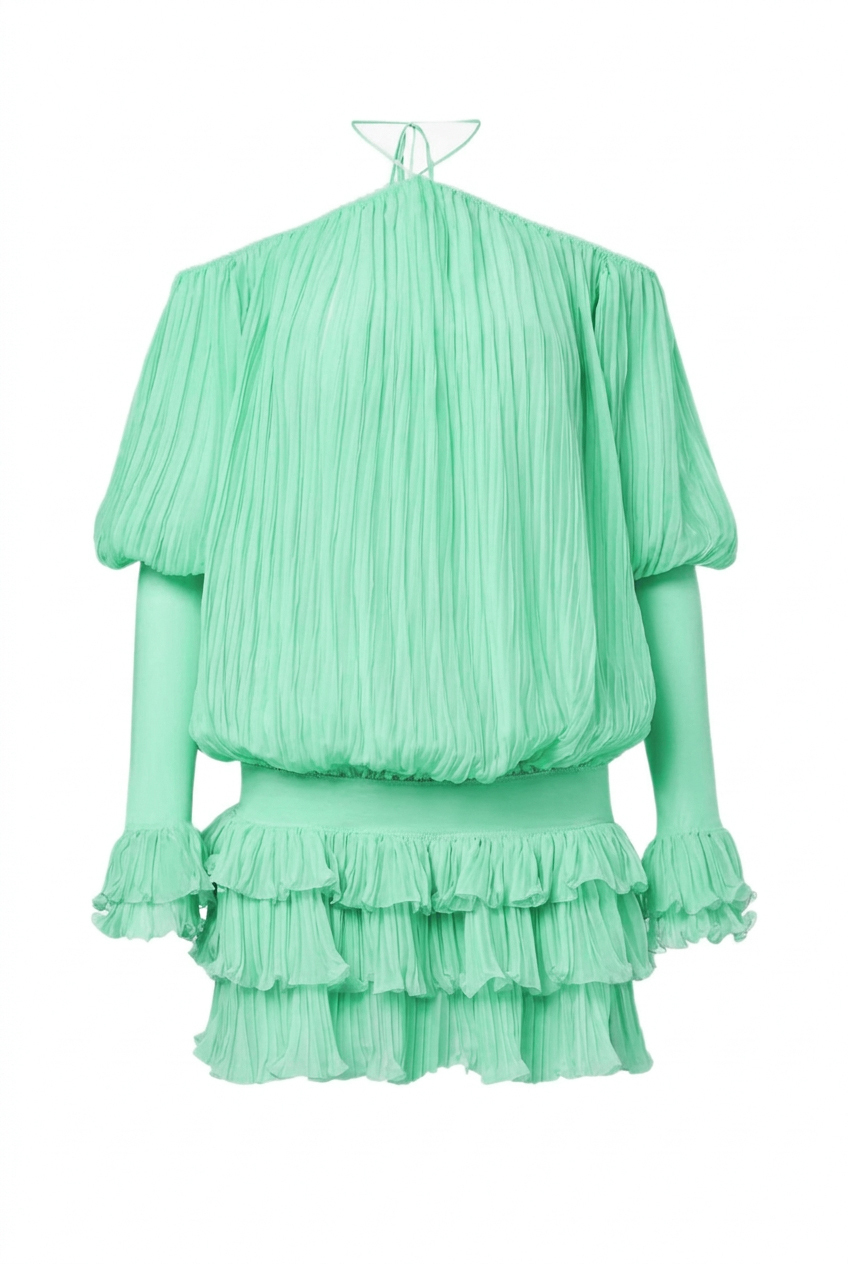 Chiffon Pleated Ruffle Mini Dress