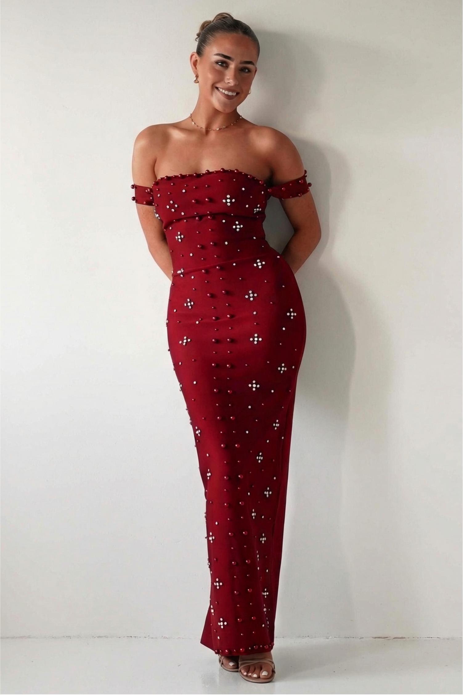 Banndage Beaded Off Shoulder Maxi Dress