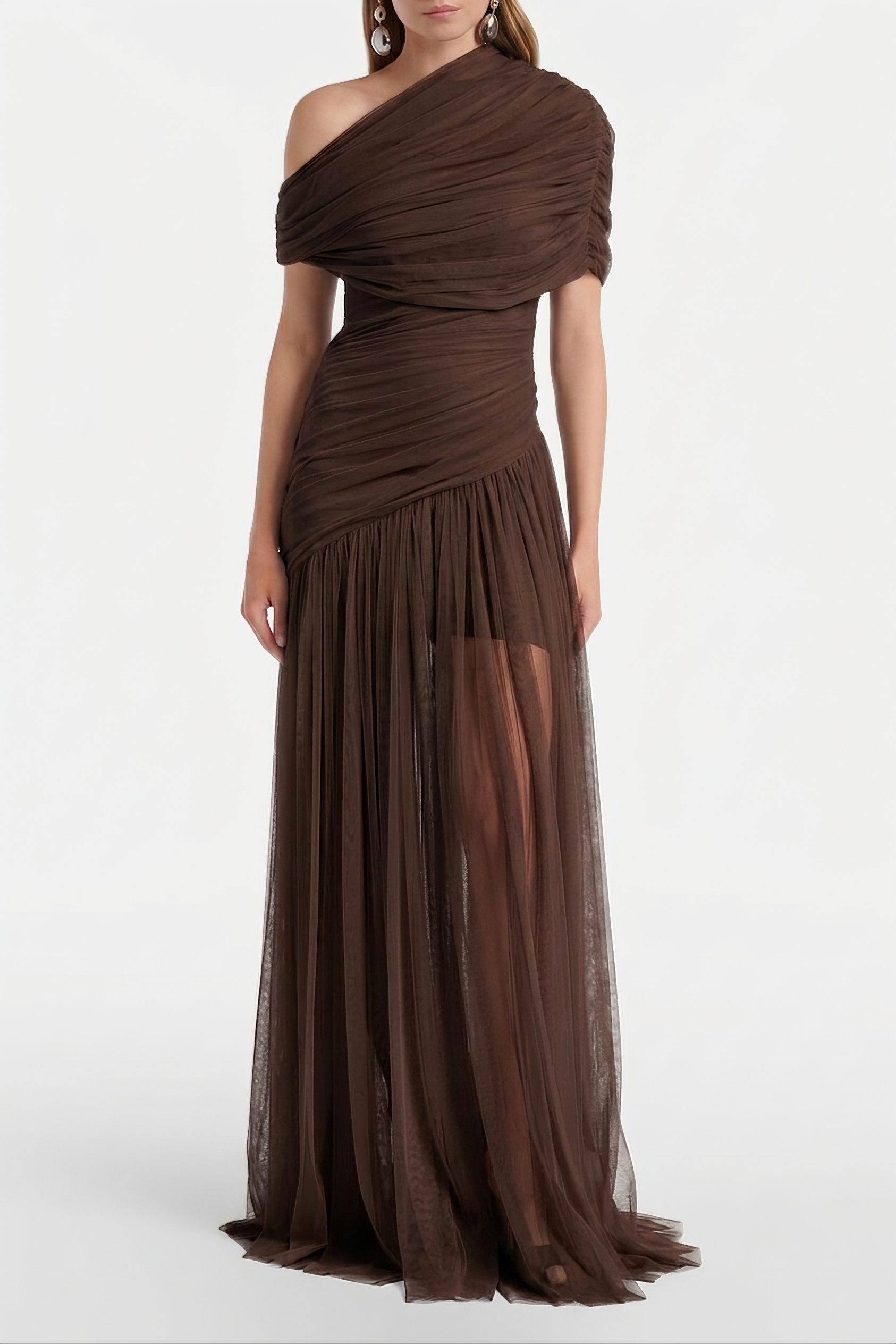 Mesh Gathering Skew Collar Maxi Dress