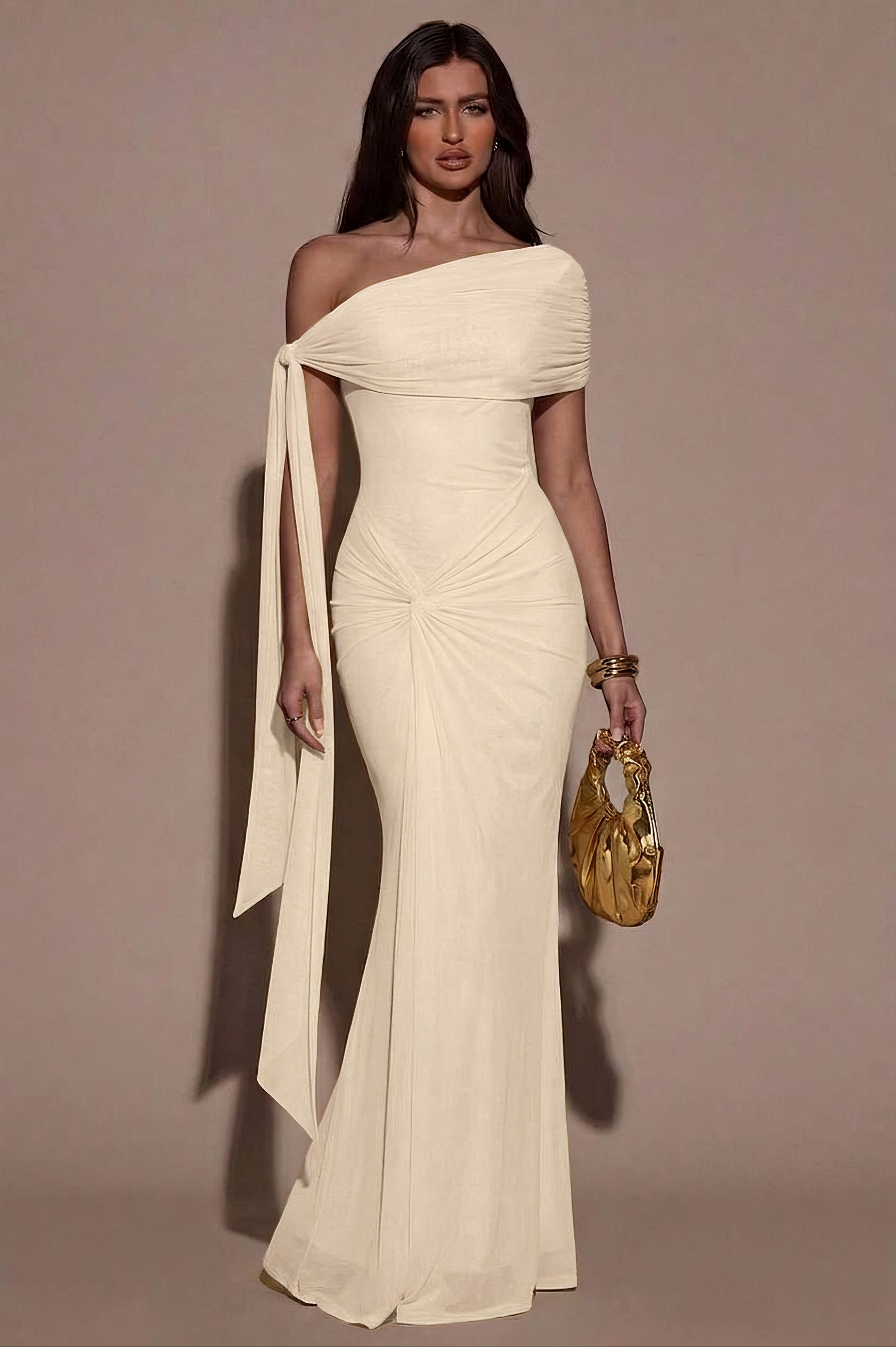 Mesh Skew Collar Knotted Maxi Dress