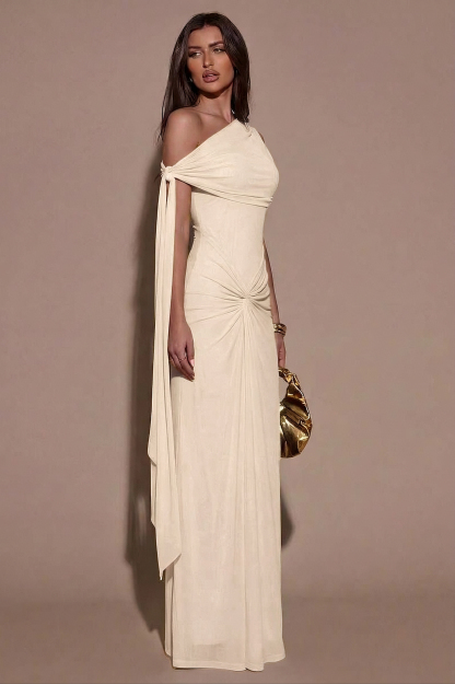 Mesh Skew Collar Knotted Maxi Dress
