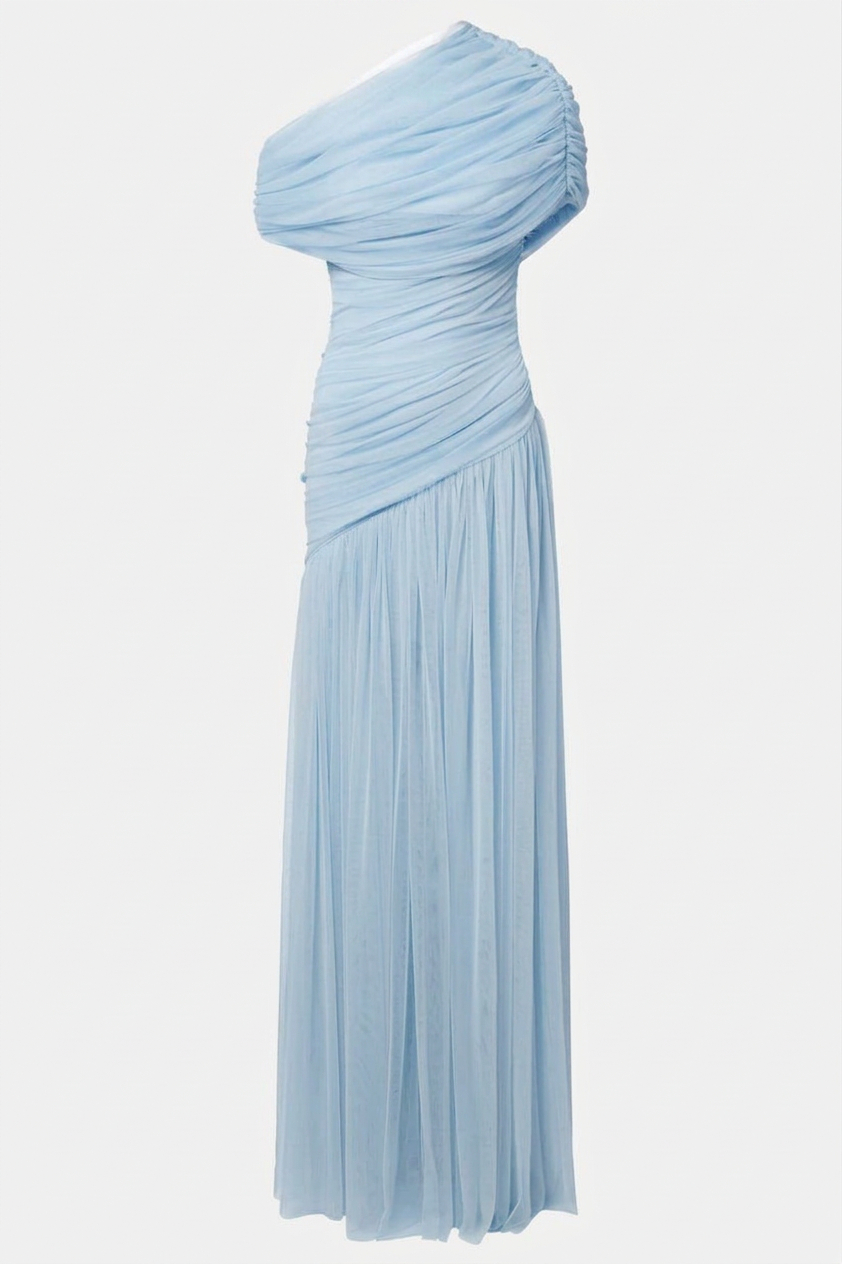 Mesh Gathering Skew Collar Maxi Dress
