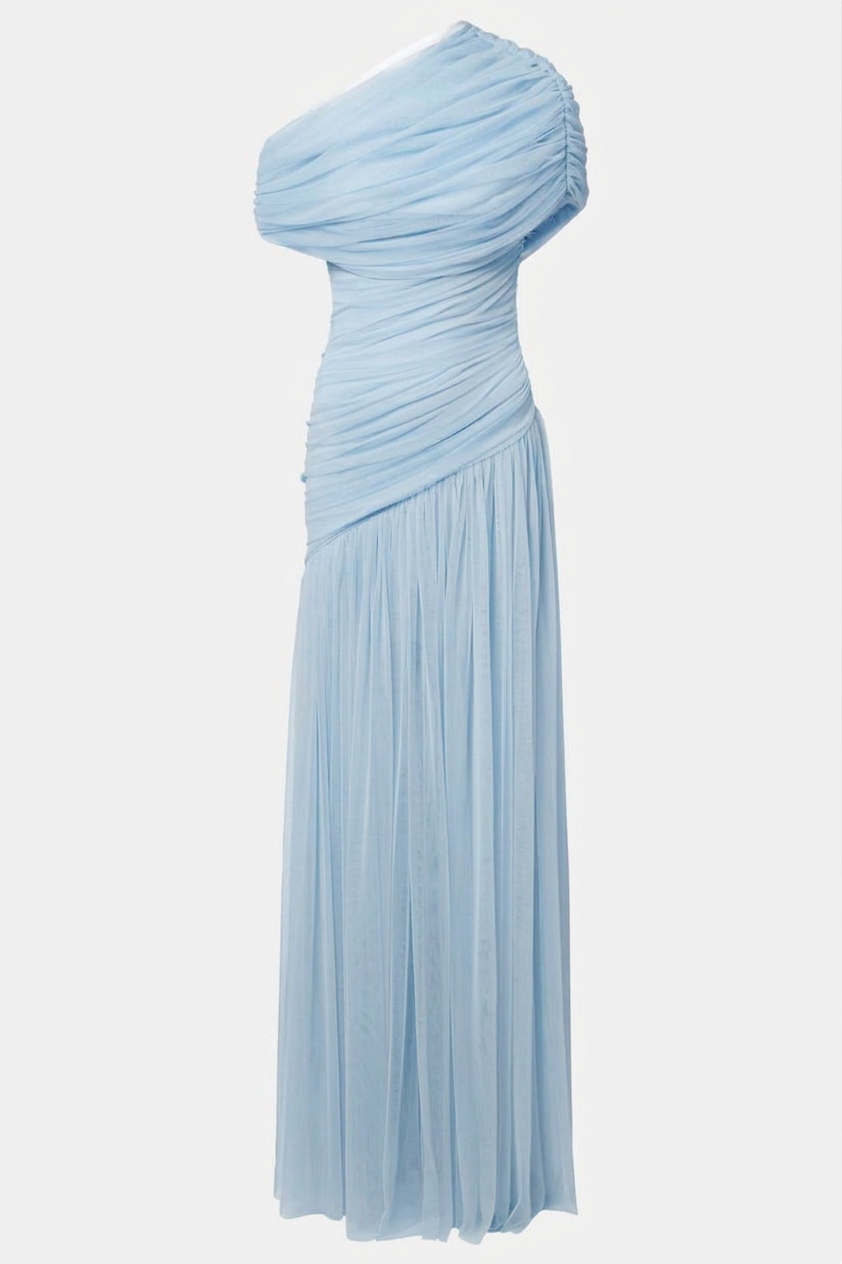 Mesh Gathering Skew Collar Maxi Dress