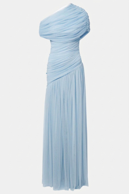 Mesh Gathering Skew Collar Maxi Dress