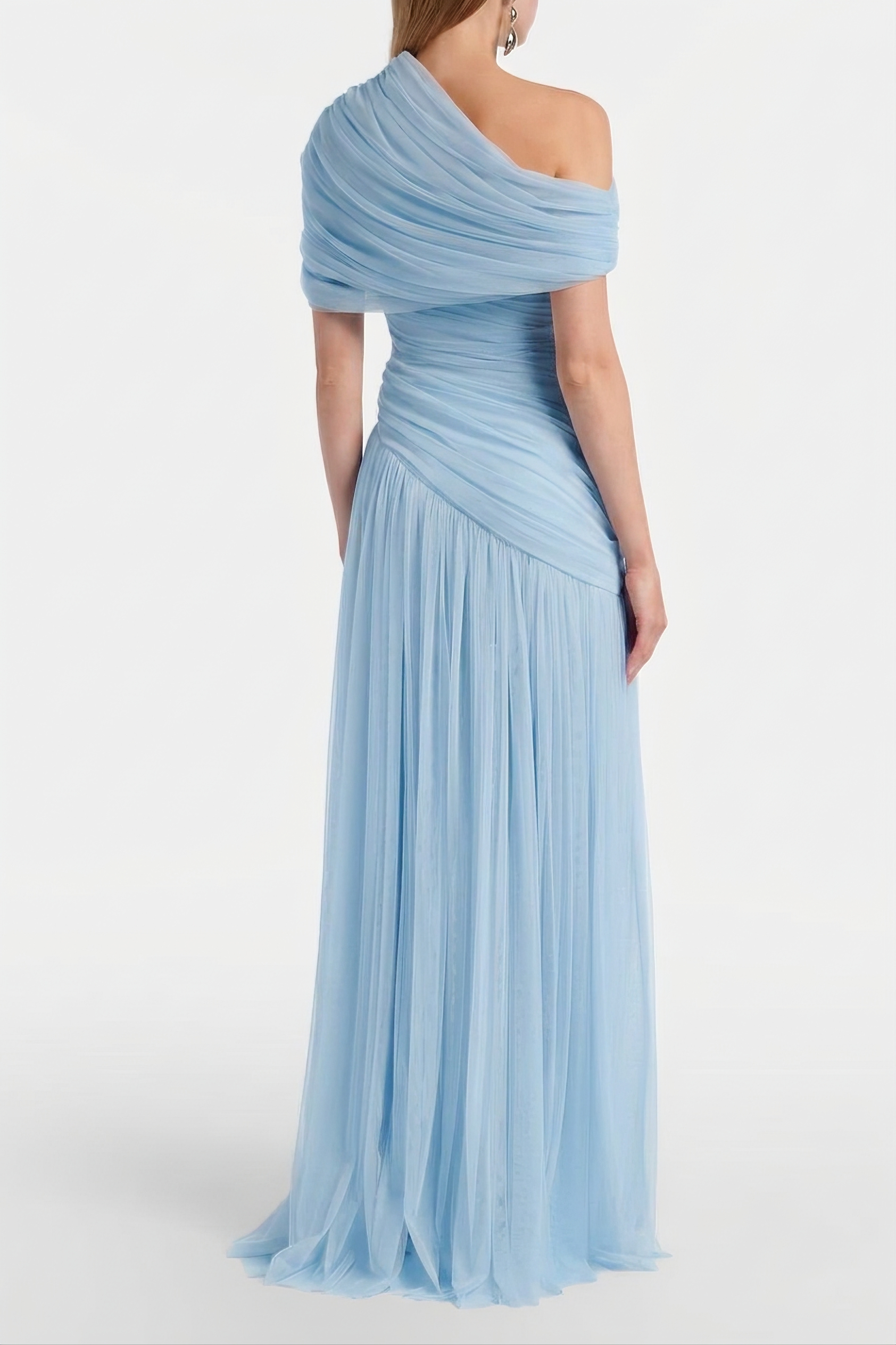 Mesh Gathering Skew Collar Maxi Dress