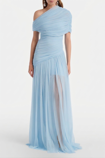 Mesh Gathering Skew Collar Maxi Dress