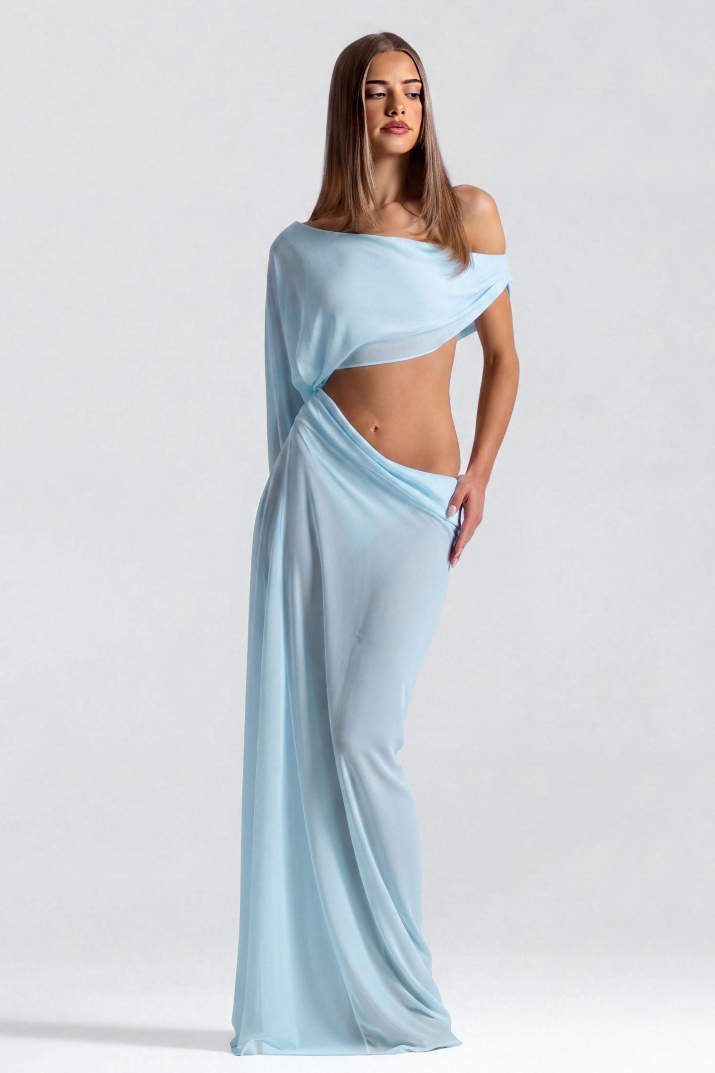 Chiffon See-Through Asymmetrical Sleeve Maxi Dress
