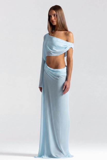 Chiffon See-Through Asymmetrical Sleeve Maxi Dress