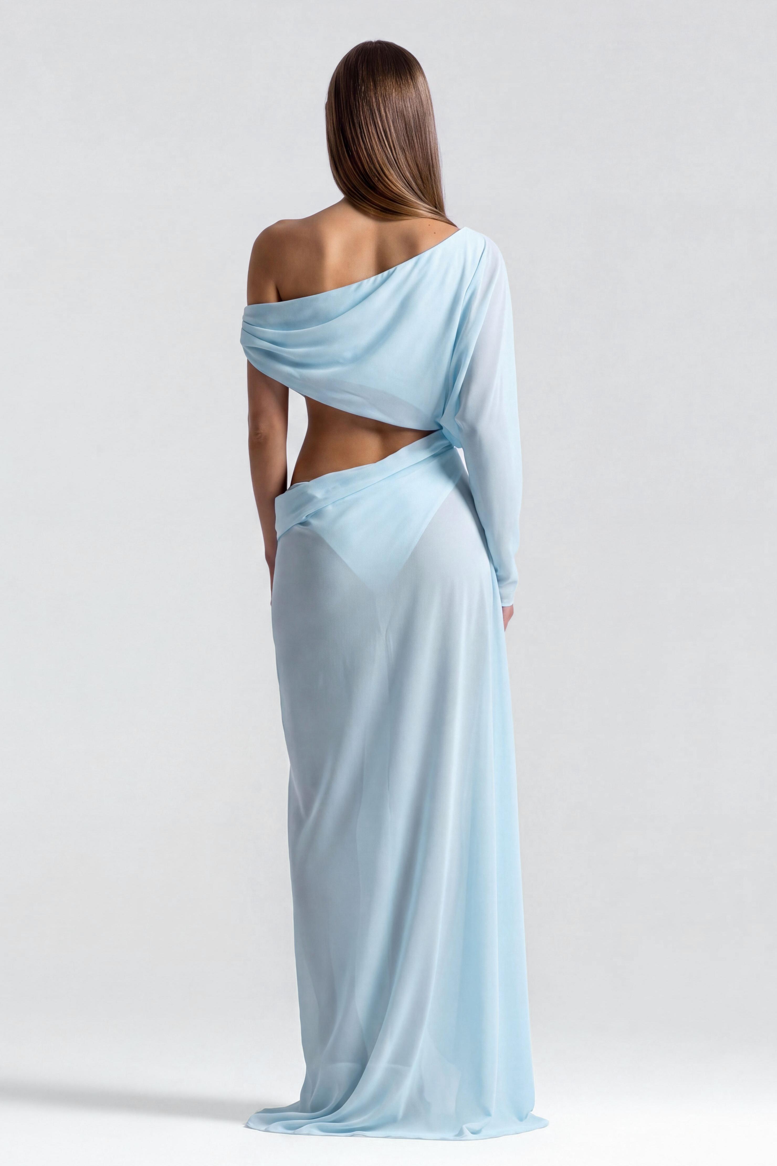 Chiffon See-Through Asymmetrical Sleeve Maxi Dress