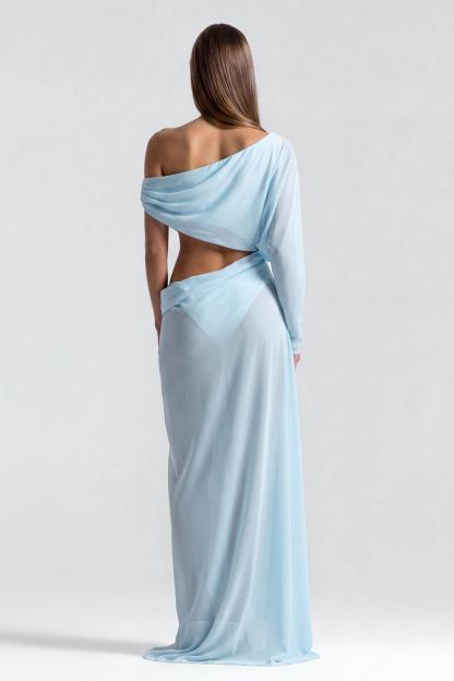 Chiffon See-Through Asymmetrical Sleeve Maxi Dress