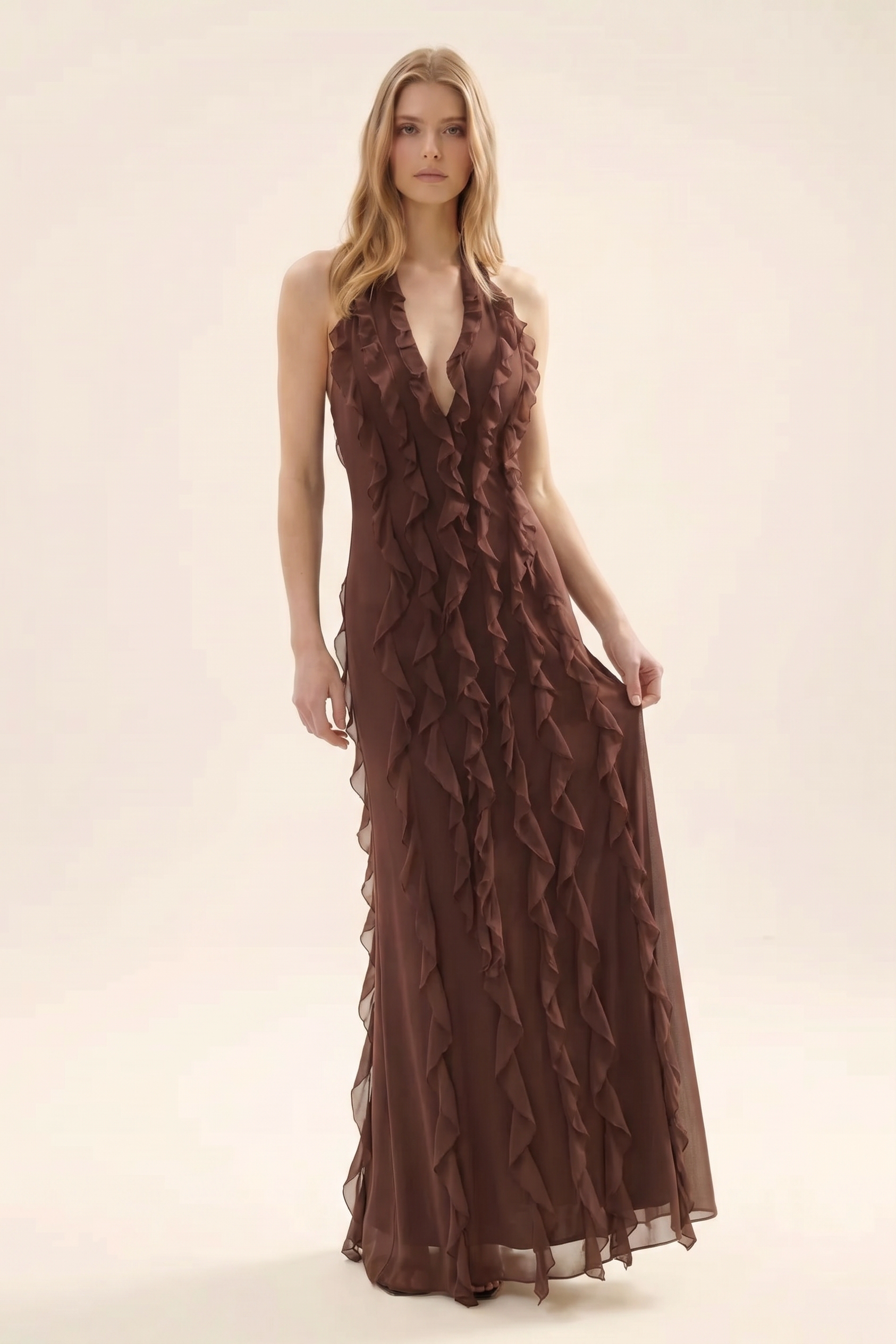 Mesh Halter Neck Frill Maxi Dress