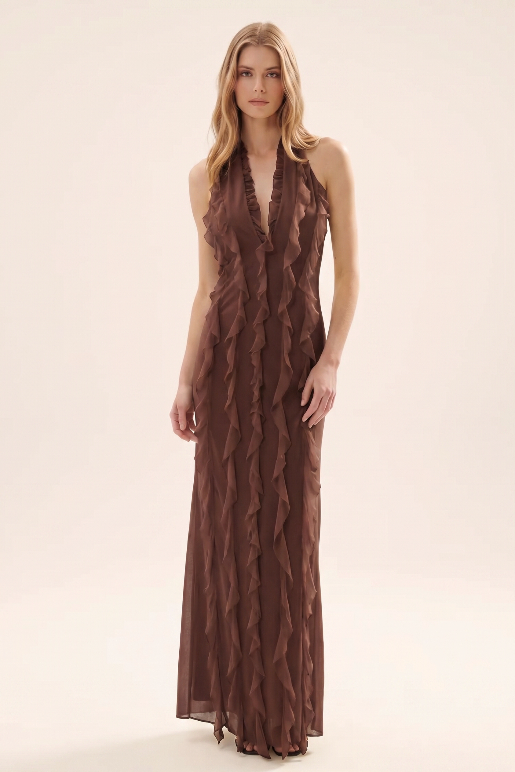 Mesh Halter Neck Frill Maxi Dress