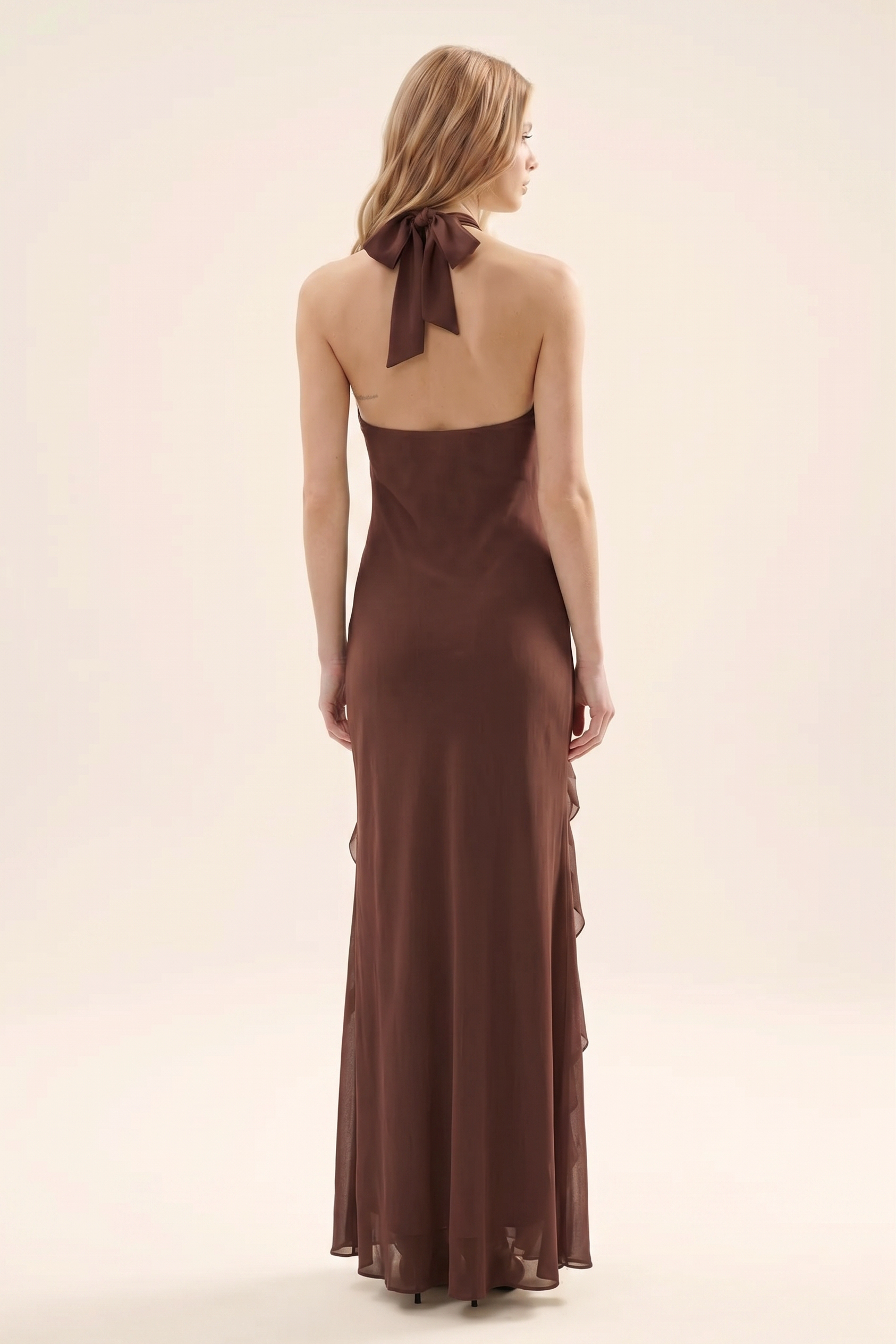 Mesh Halter Neck Frill Maxi Dress