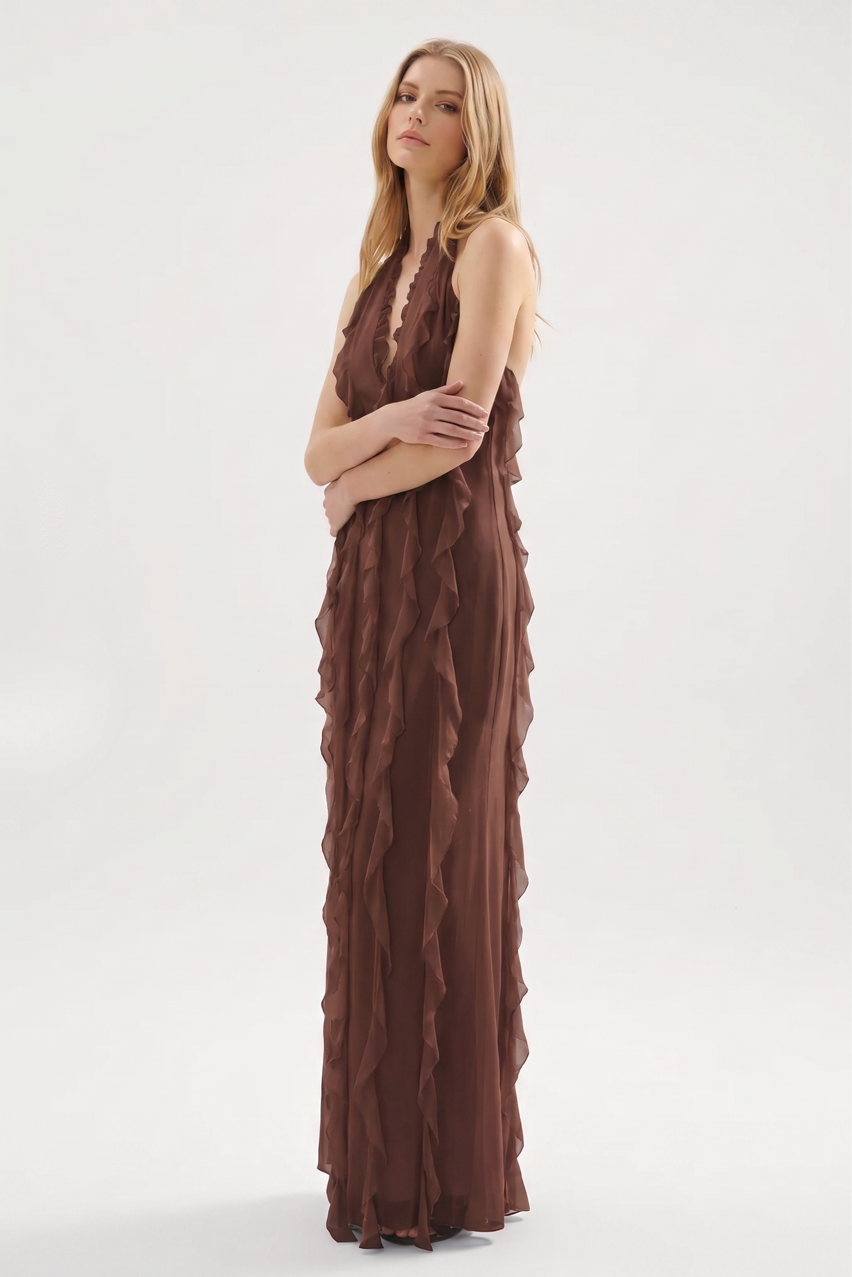 Mesh Halter Neck Frill Maxi Dress