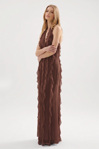 Mesh Halter Neck Frill Maxi Dress