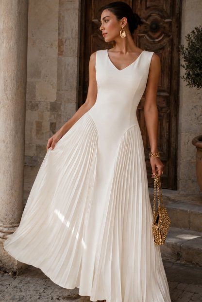 V Neck Sleeveless Pleated Maxi Dress