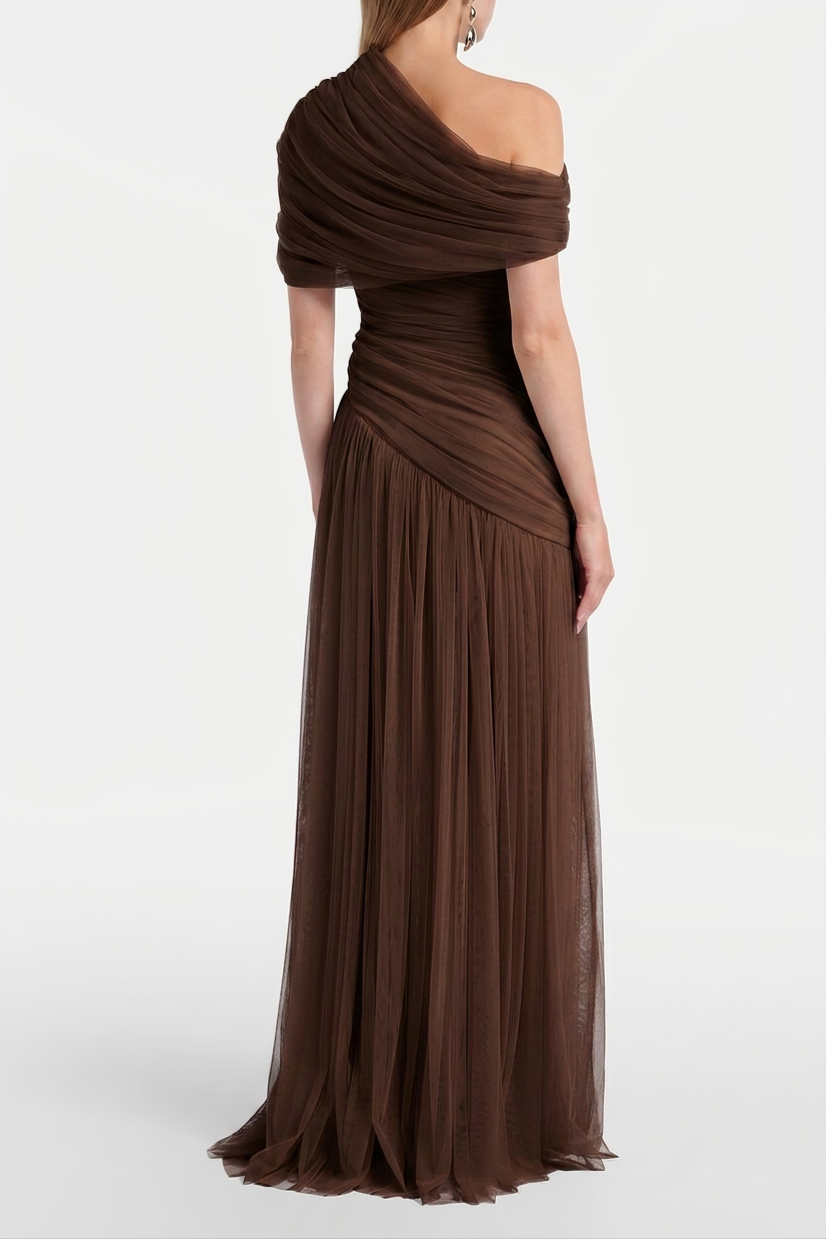 Mesh Gathering Skew Collar Maxi Dress