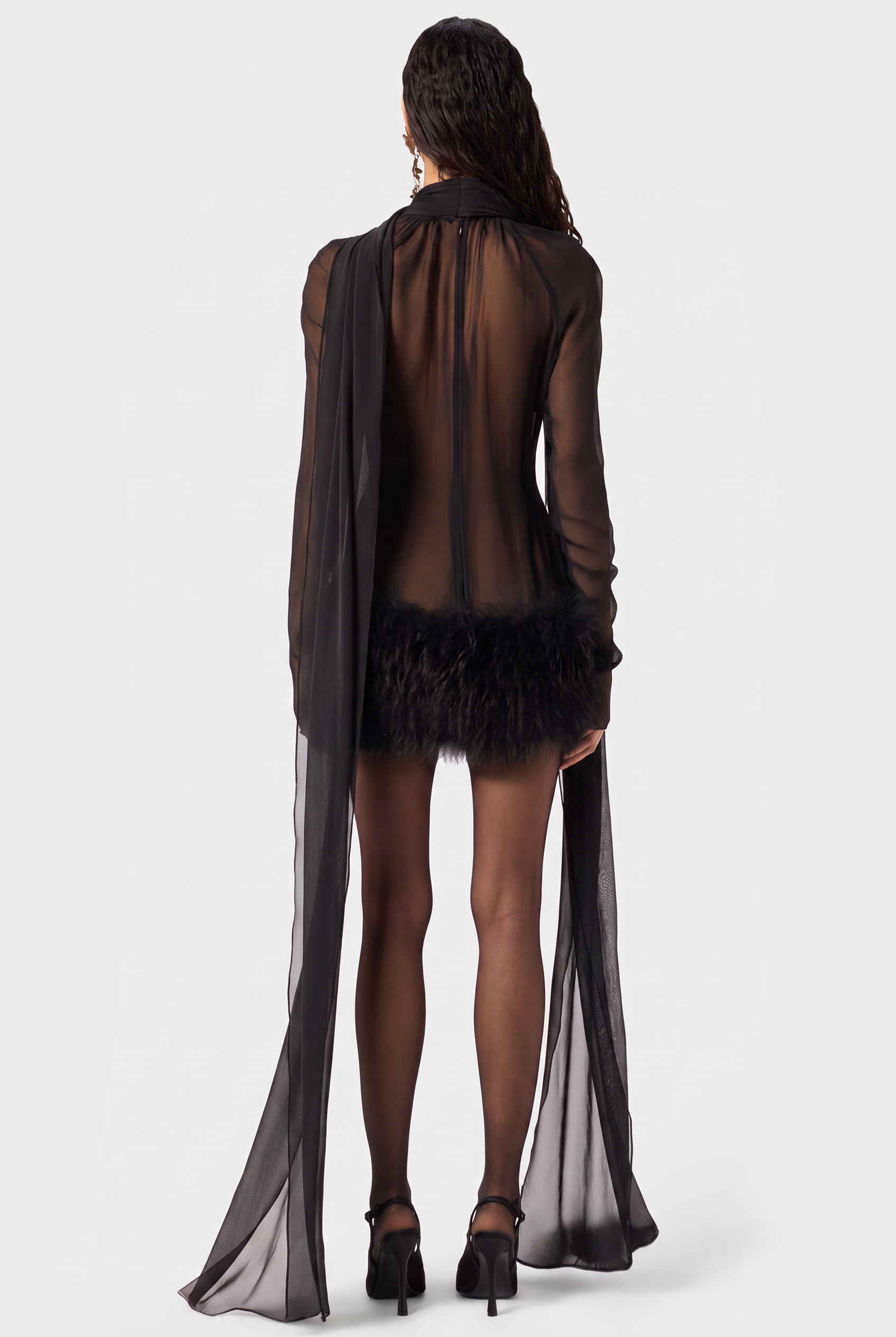 Chiffon Fur Spliced High Neck Long Sleeve Mini Dress
