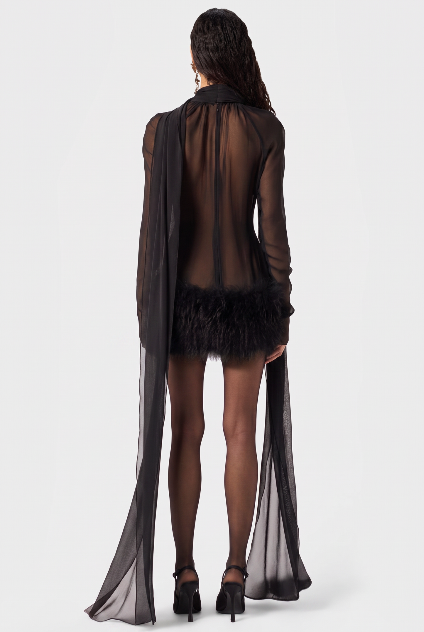 Chiffon Fur Spliced High Neck Long Sleeve Mini Dress