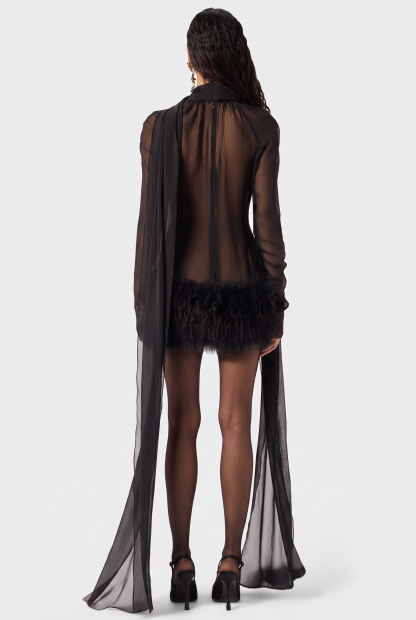Chiffon Fur Spliced High Neck Long Sleeve Mini Dress