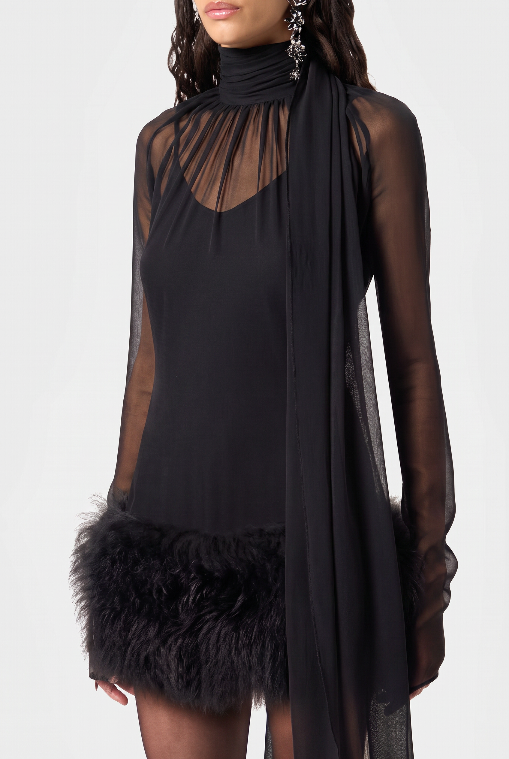Chiffon Fur Spliced High Neck Long Sleeve Mini Dress