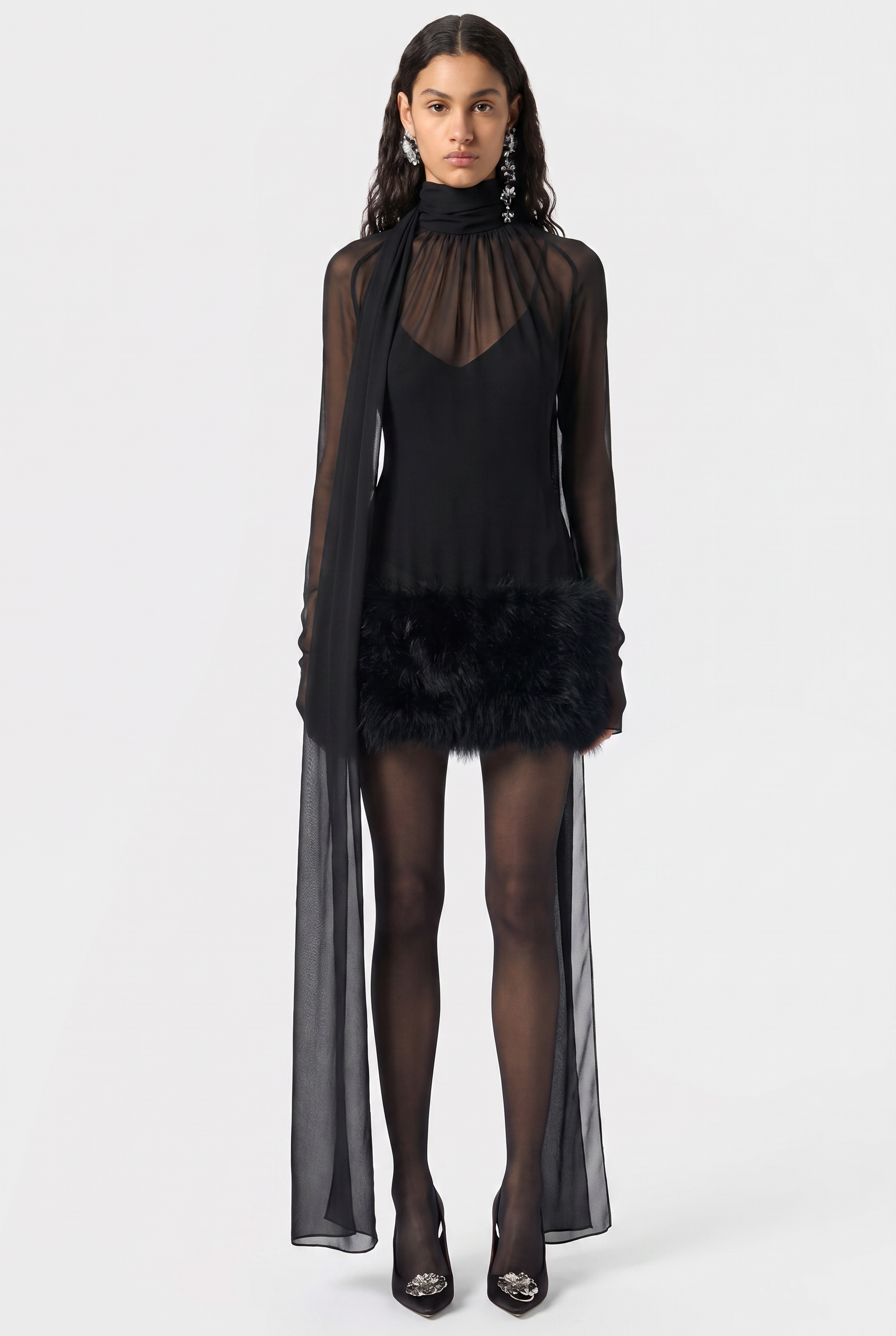 Chiffon Fur Spliced High Neck Long Sleeve Mini Dress