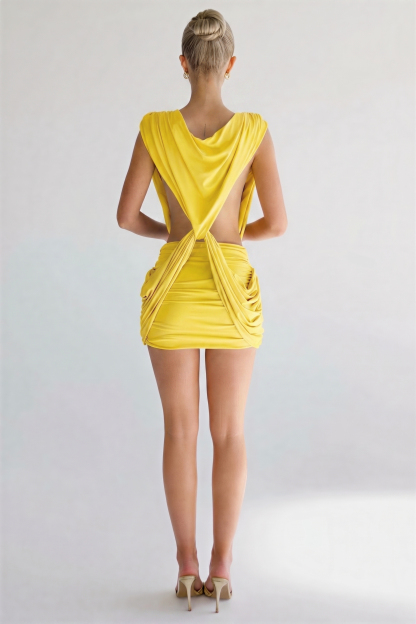 Deep V Twist Ruched Sleeveless Mini Dress