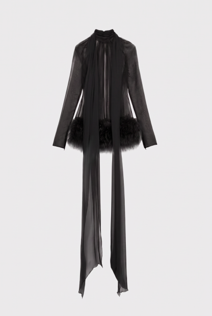 Chiffon Fur Spliced High Neck Long Sleeve Mini Dress